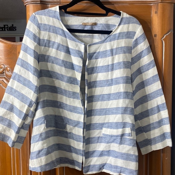 CHARGET‎ linen Italian bolero blue striped jacket size L - Picture 1 of 5